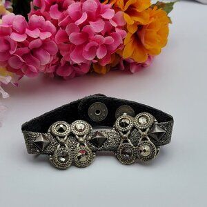LR Leatherock USA Marcasite Leather Cuff Bracelet 6-7 Inch Snap